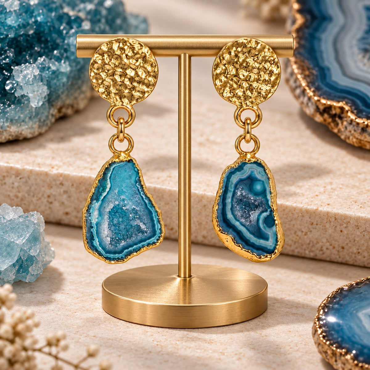 Istanbul Bosphorus Blue Agate Druzy Gold-Plated Statement Drop Earrings