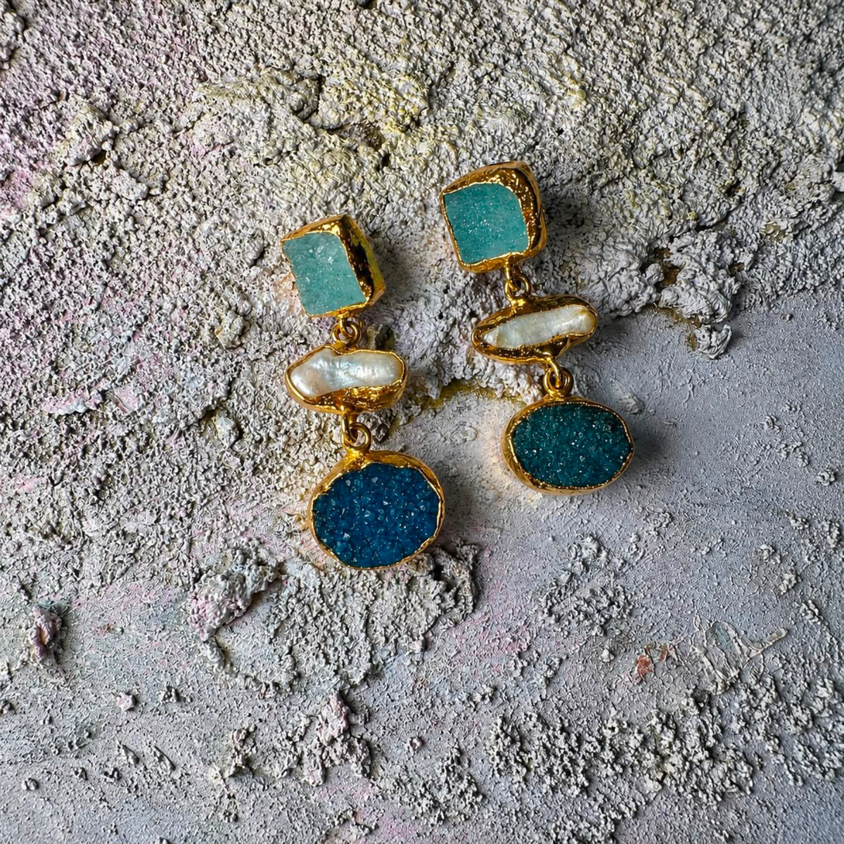 Mediterranean Pearl & Aqua Druzy Drop Earrings