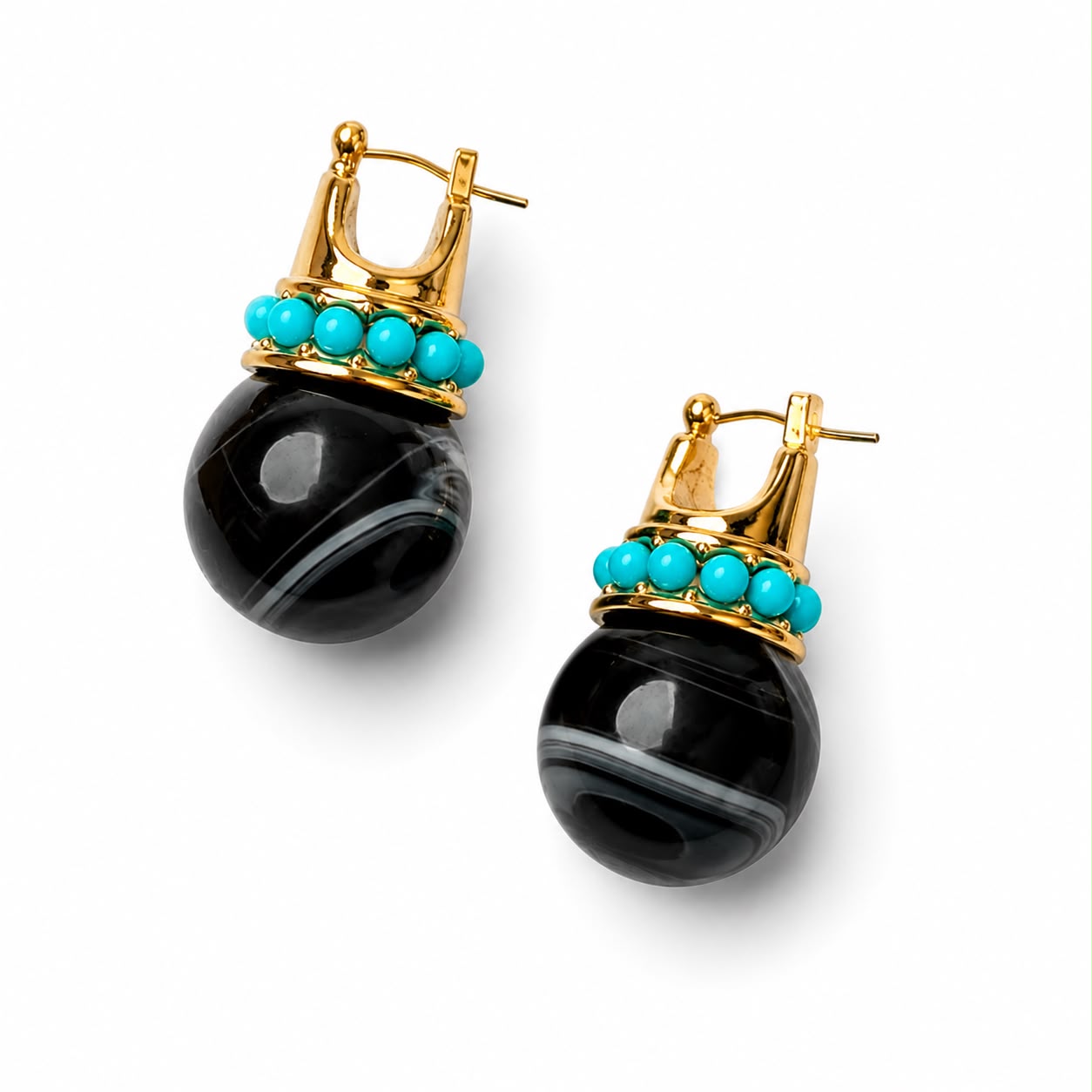 Turquoise Beaded Marbled Black Drop Earrings