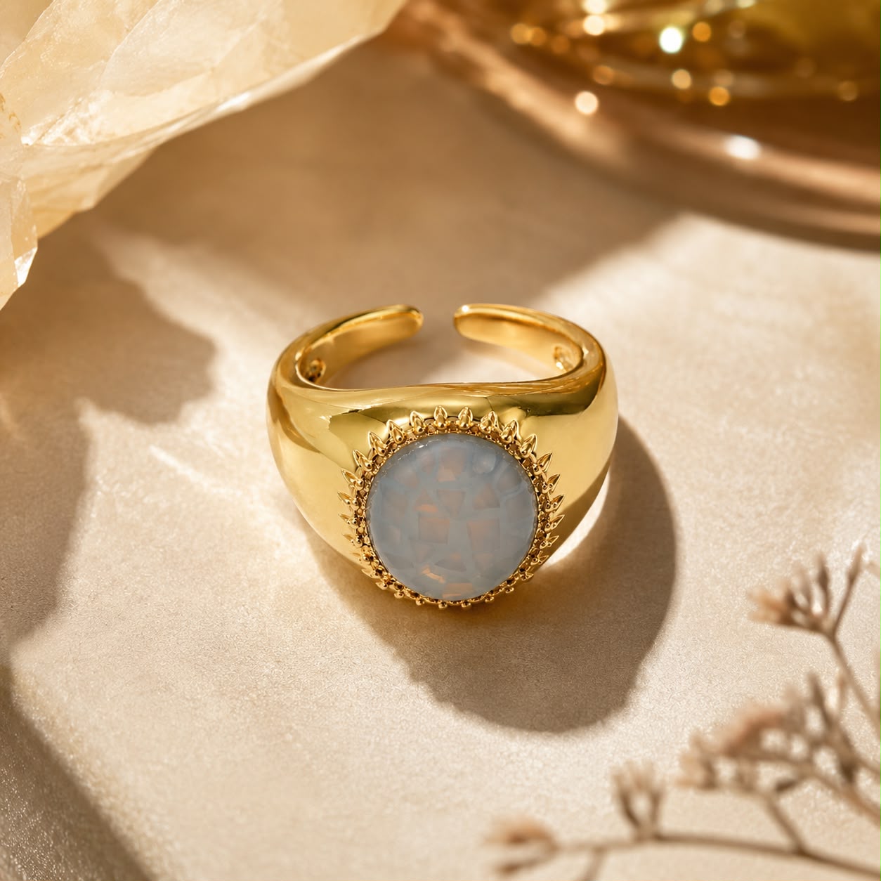 Ocean Aura Blue Mother of Pearl Gold Plated Adjustable Ring