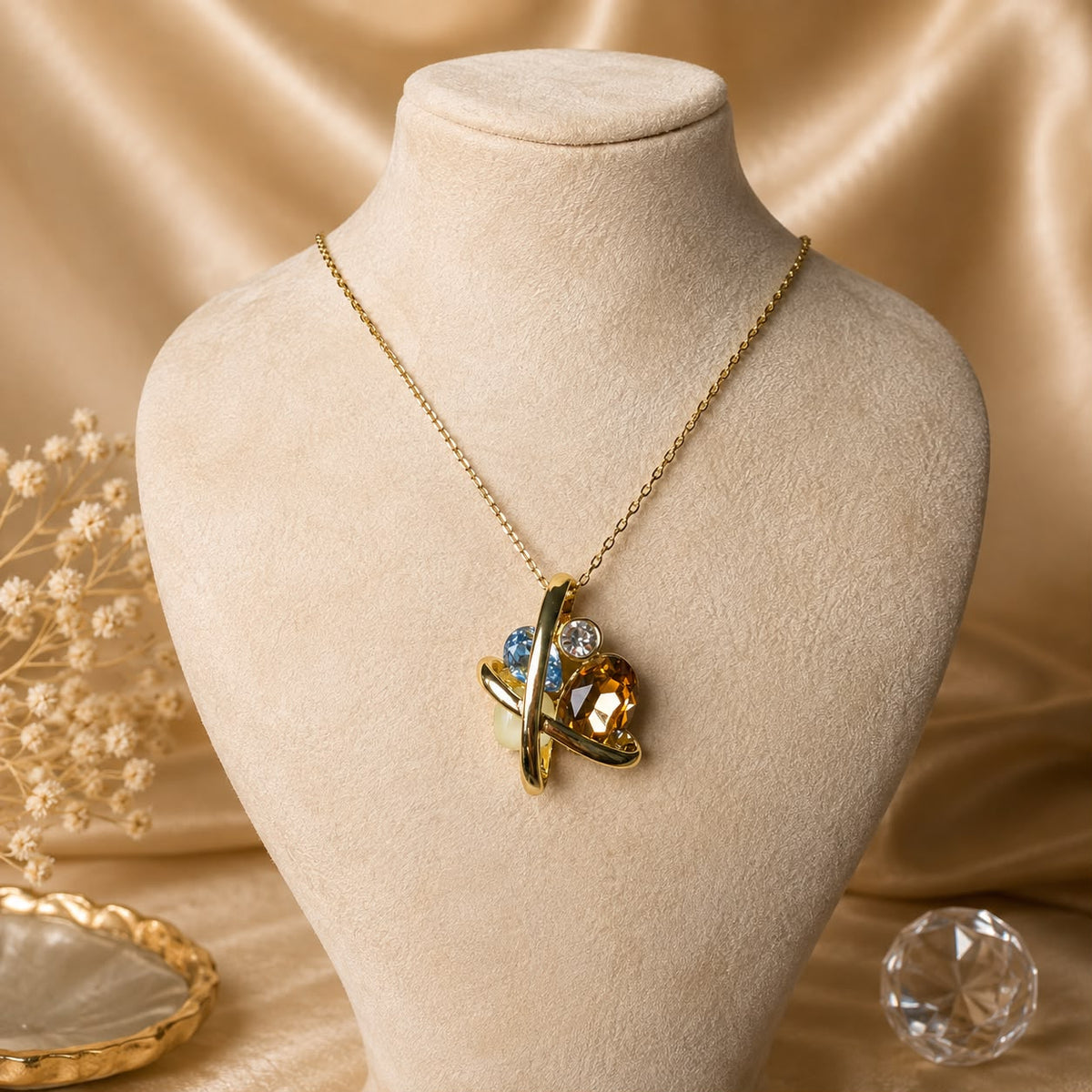 Cosmic Balance Aquamarine-Toned & Citrine-Toned Crystal Gold Plated Necklace