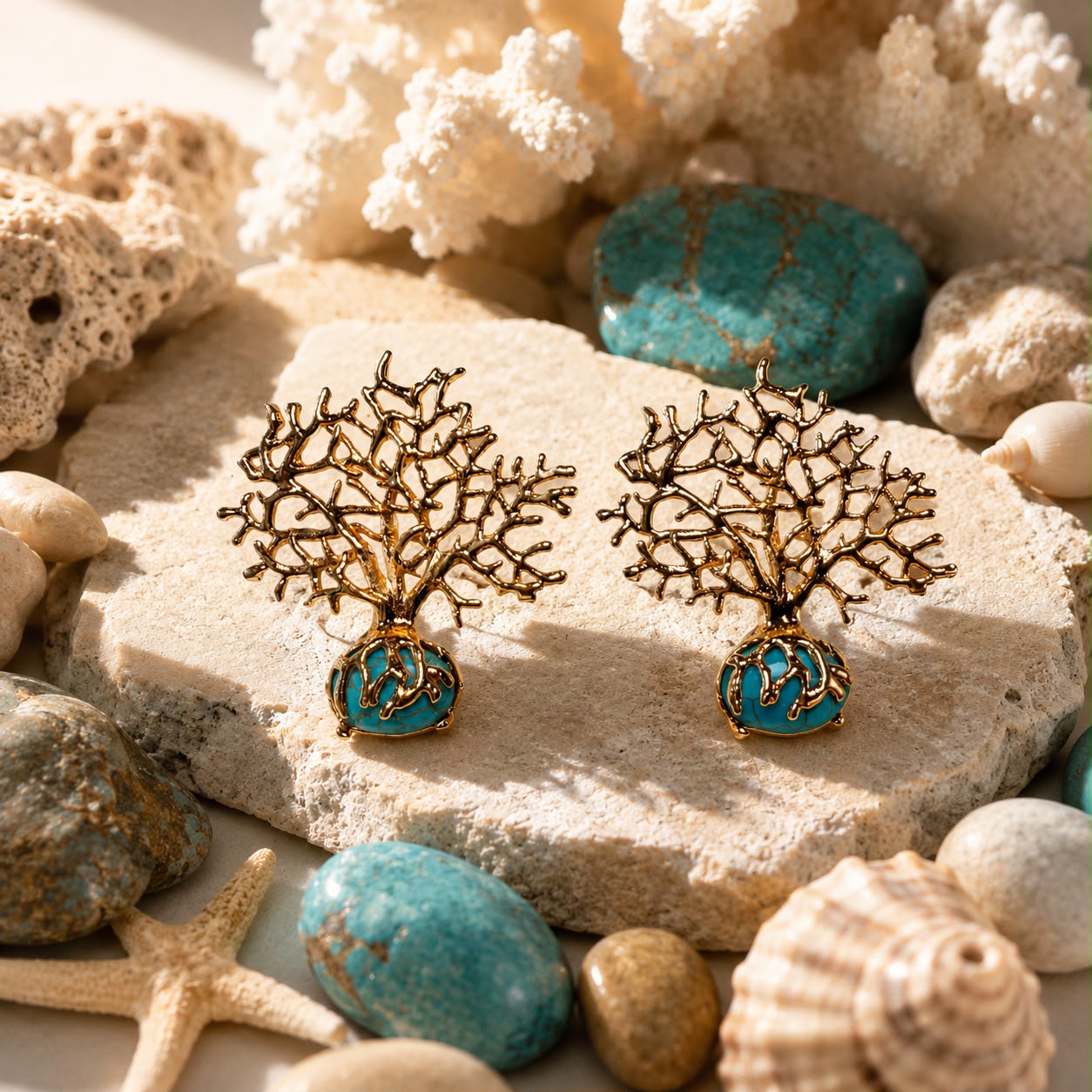 Roots of Serenity Natural Turquoise Tree of Life Gold Plated Earrings