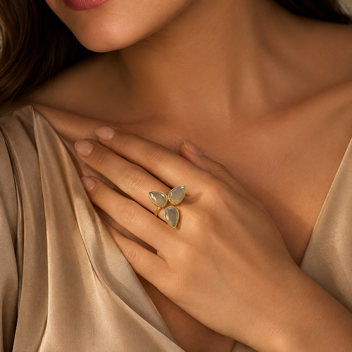 Mystic Smoky Quartz Trinity Gold Plated Adjustable Ring
