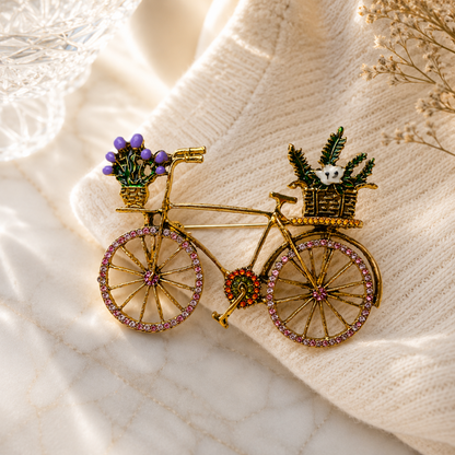Blooming Journey Multicolour Stone & Enamel Gold Tone Bicycle Brooch