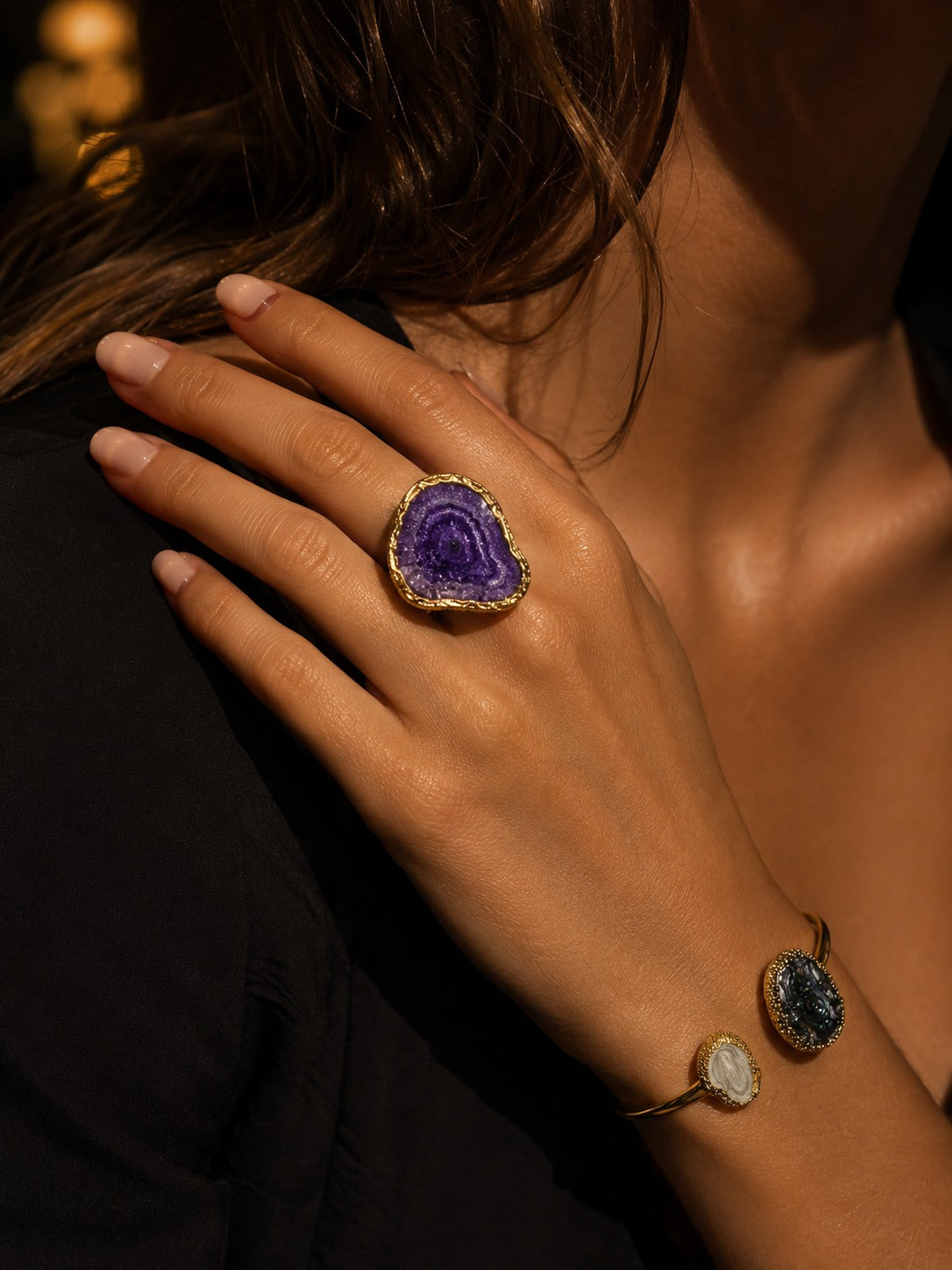 Amethyst Druzy Gold Plated Adjustable Ring