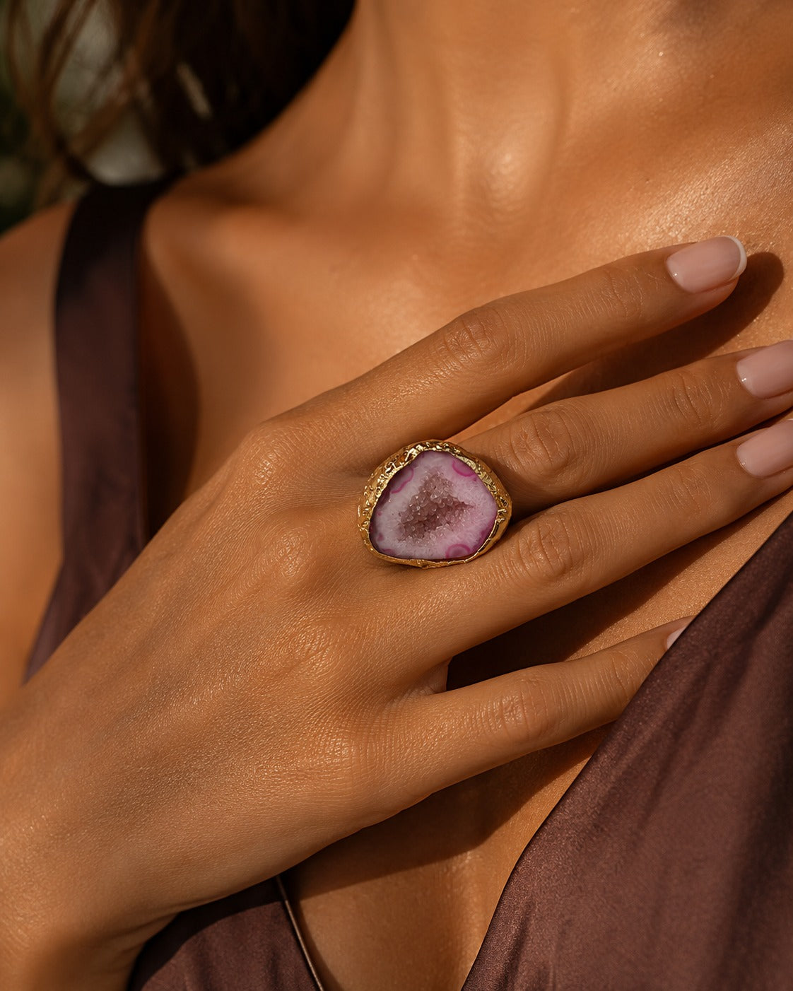 Pink Druzy Gold Plated Adjustable Ring