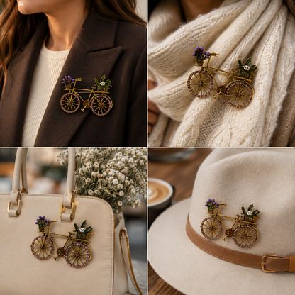 Blooming Journey Multicolour Stone & Enamel Gold Tone Bicycle Brooch