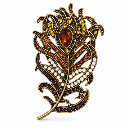 Autumn Radiance Multicolour Crystal Peacock Feather Vintage Brass Statement Brooch