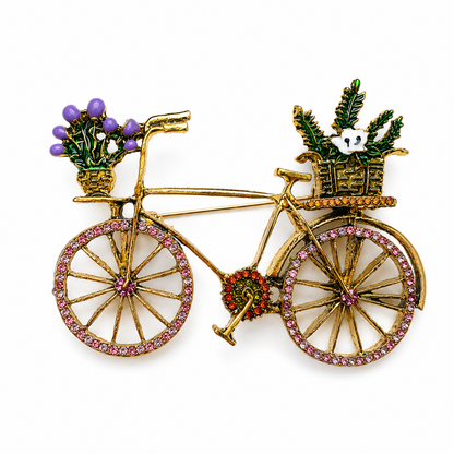 Blooming Journey Multicolour Stone & Enamel Gold Tone Bicycle Brooch