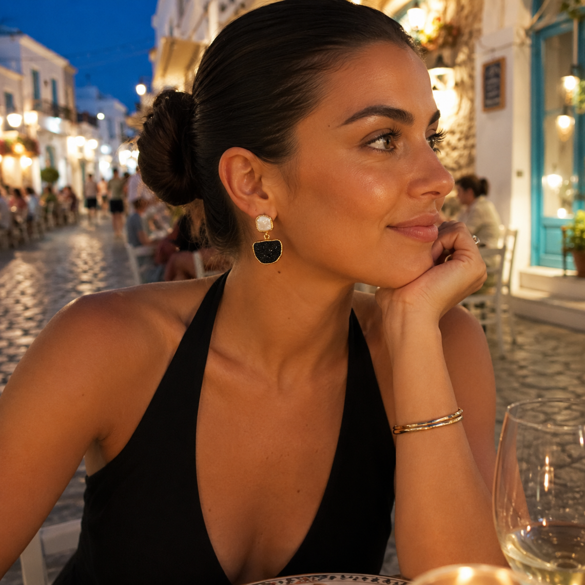 Black Druzy Stone & Mother of Pearl Drop Earrings