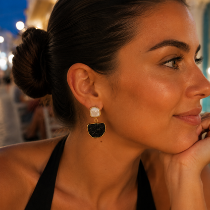 Black Druzy Stone & Mother of Pearl Drop Earrings