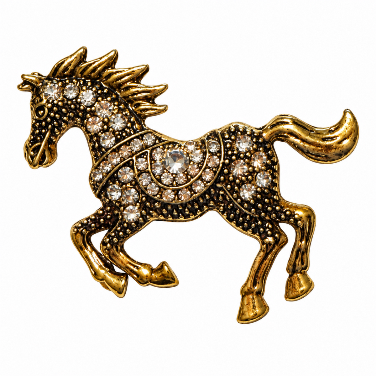 Spirit of Freedom Zircon Crystal Horse Vintage Gold-Tone Brass Statement Brooch