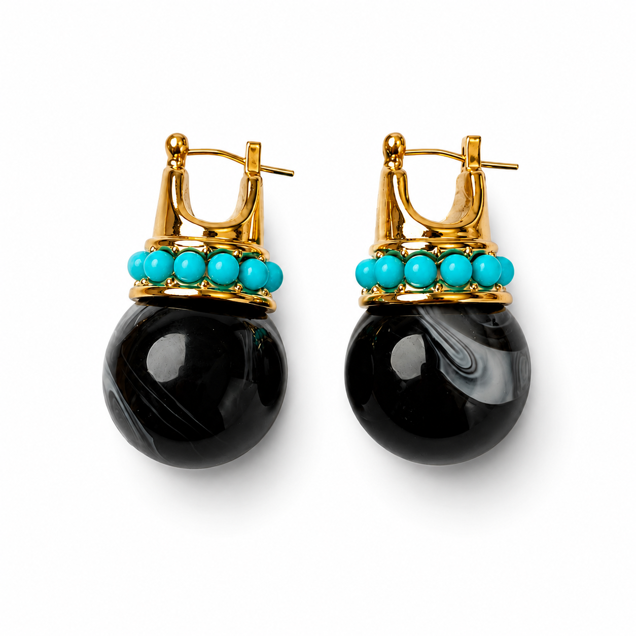 Turquoise Beaded Marbled Black Drop Earrings