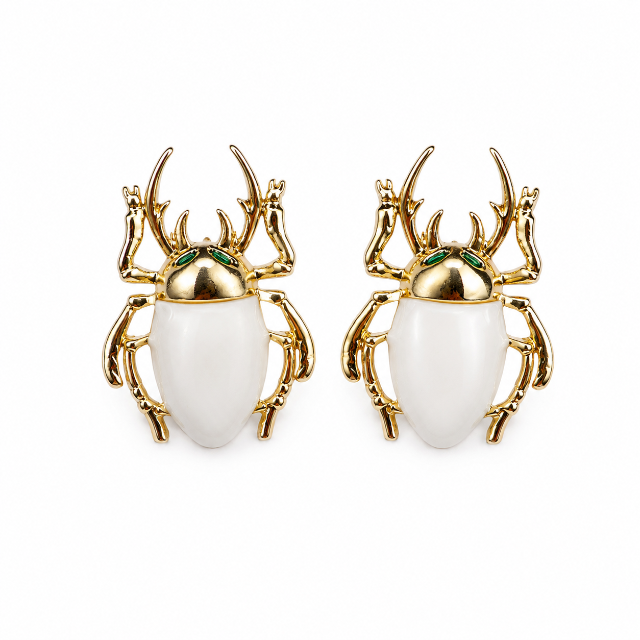 Golden Scarab White Enamel Stud Earrings