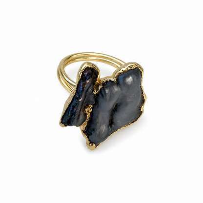 Mystic Black Pearl Duo Gold Plated Adjustable Ring