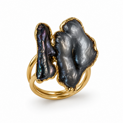 Mystic Black Pearl Duo Gold Plated Adjustable Ring