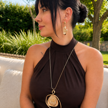Mother of Pearl Gold Plated Long Sculptural Statement Pendant Necklace