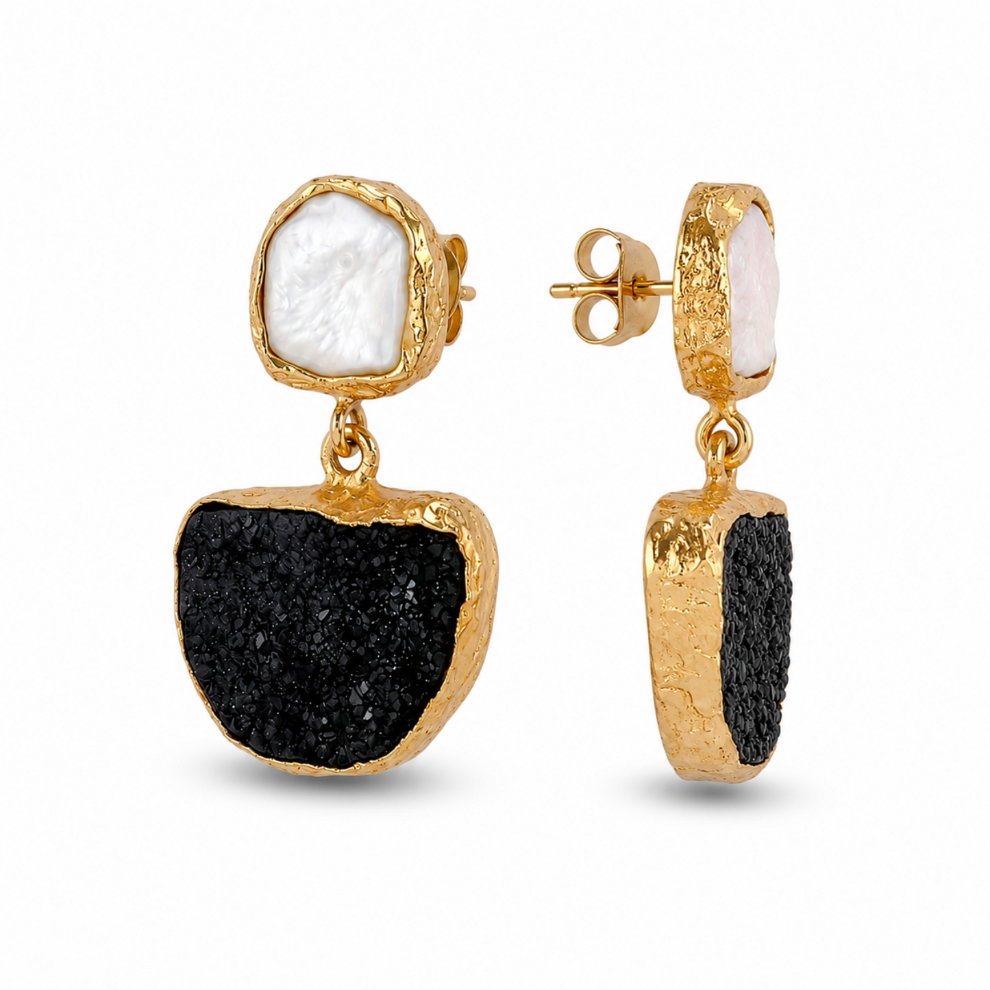 Black Druzy Stone & Mother of Pearl Drop Earrings