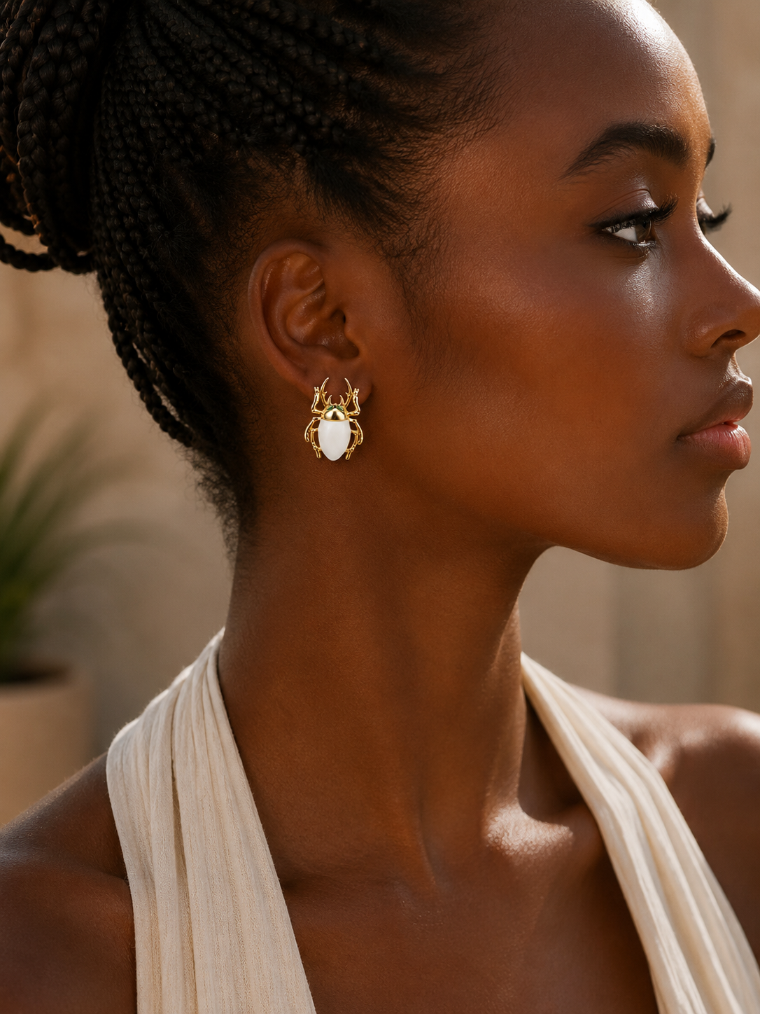 Golden Scarab White Enamel Stud Earrings