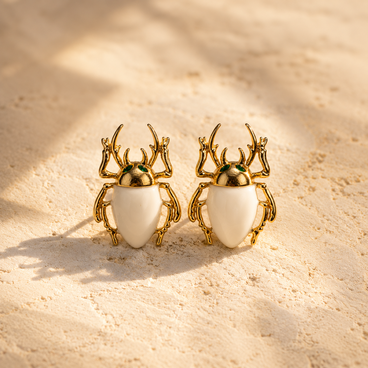 Golden Scarab White Enamel Stud Earrings