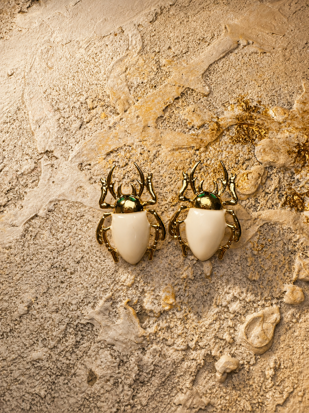 Golden Scarab White Enamel Stud Earrings