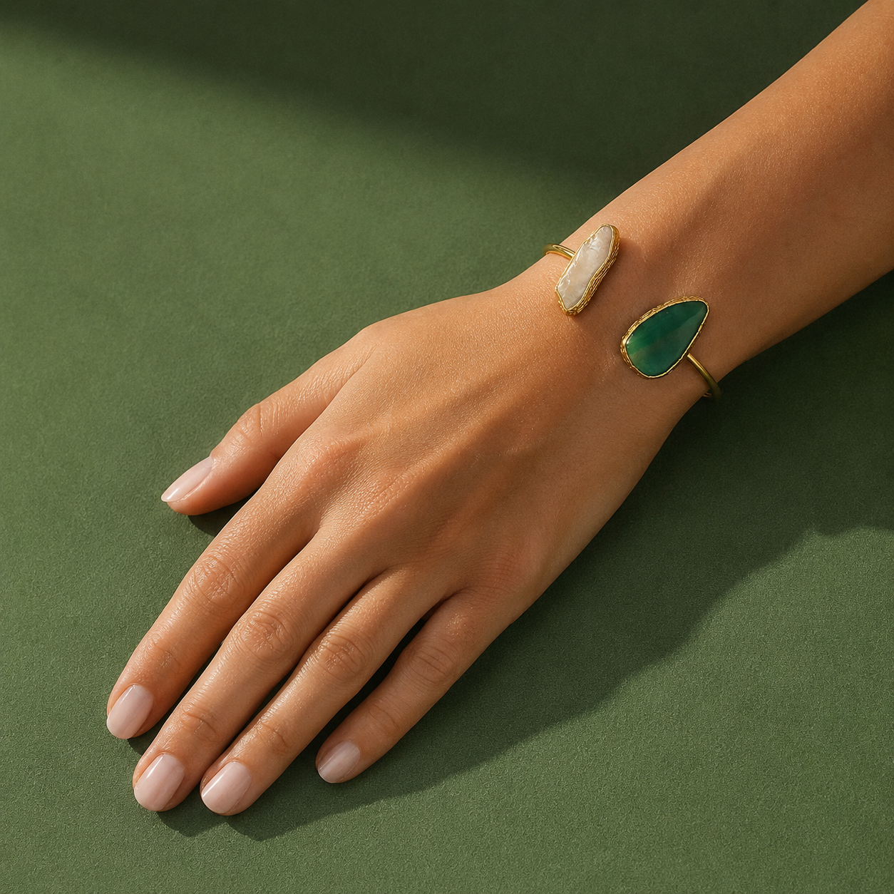 Unique Green & Pearl Enamel Gold Plated Cuff Bracelet