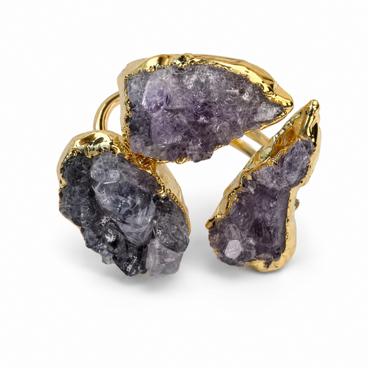 Amethyst Trinity Gold Plated Adjustable Ring