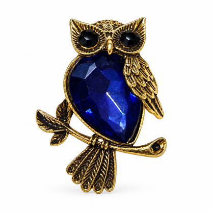 Mystic Wisdom Sapphire Blue Crystal Owl Gold-Tone Statement Brooch