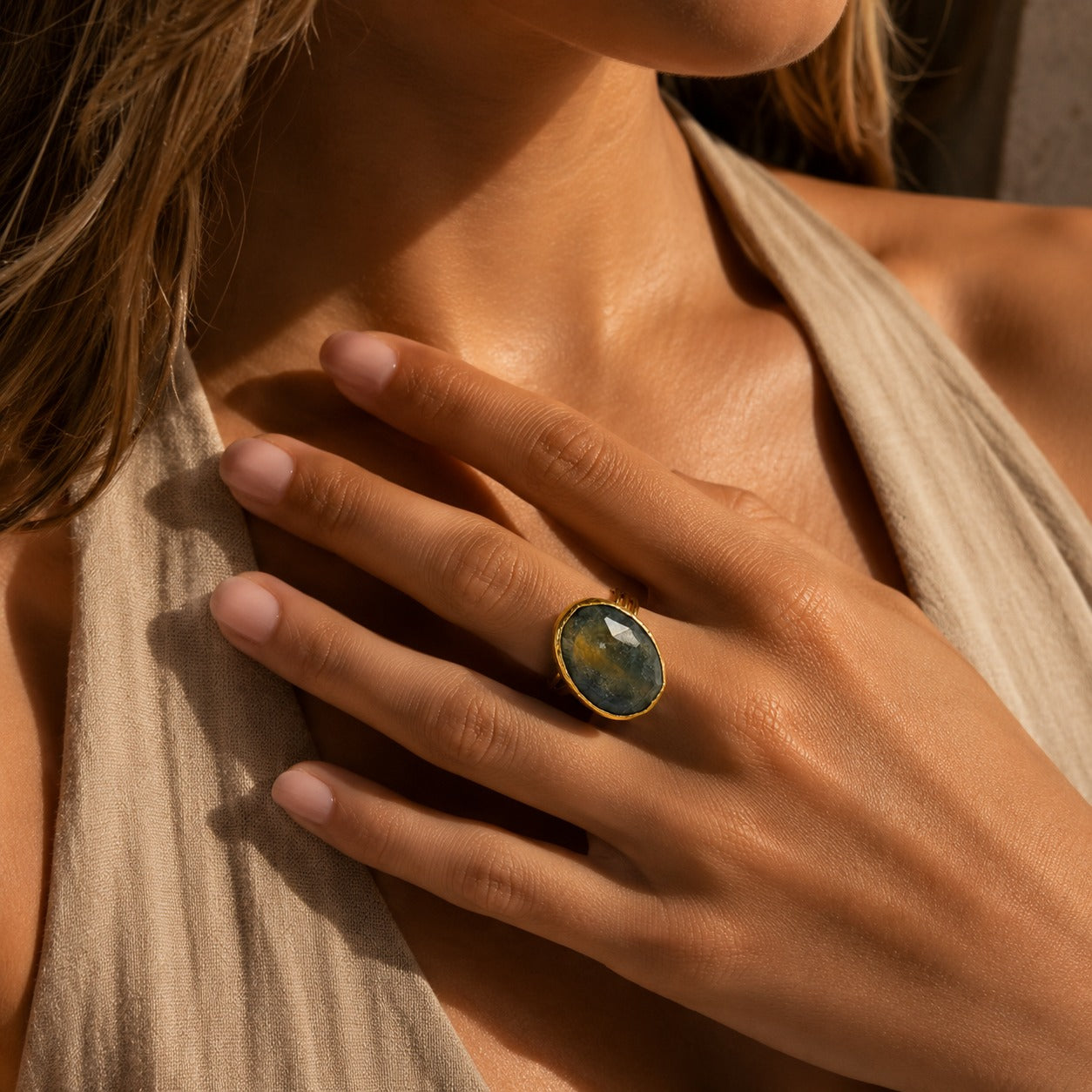 Mystic Labradorite Gold Plated Adjustable Ring