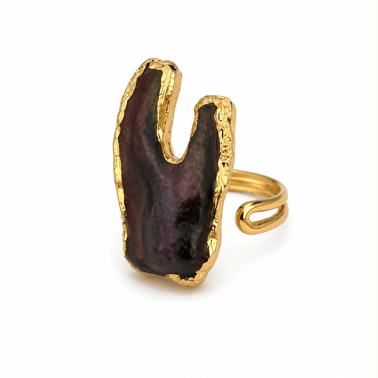 Mystic Black Mother of Pearl Fang Gold Plated Adjustable Ring