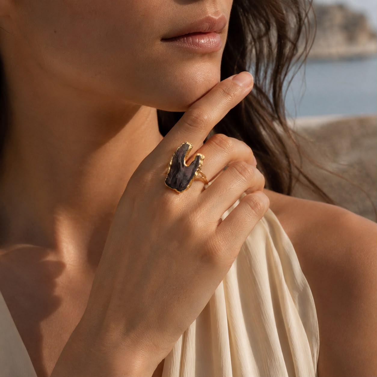 Mystic Black Mother of Pearl Fang Gold Plated Adjustable Ring