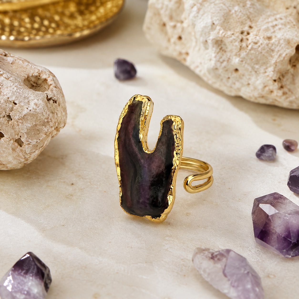 Mystic Black Mother of Pearl Fang Gold Plated Adjustable Ring