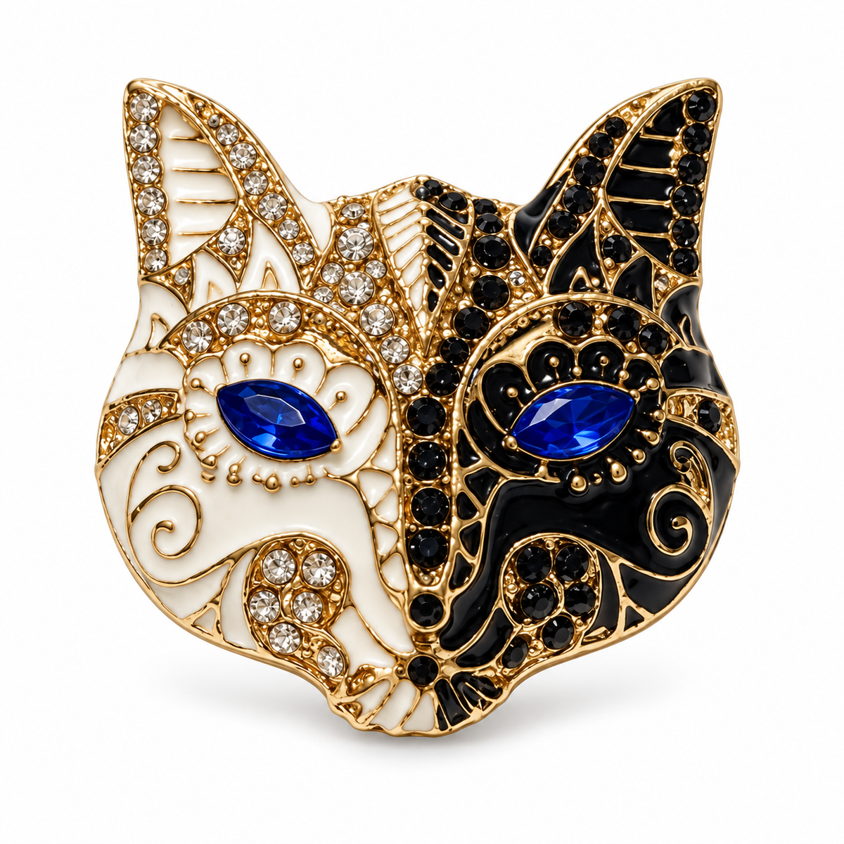 Dual Spirit Sapphire Blue Crystal Enamel Cat Gold-Tone Brass Brooch