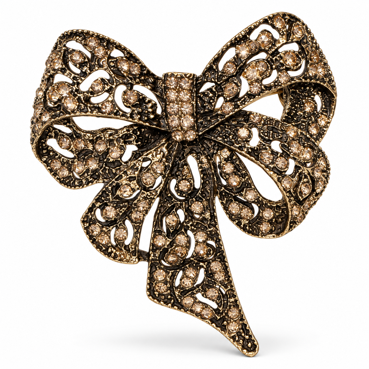 Eternal Bond Champagne Zircon Bow Vintage Brass Statement Brooch