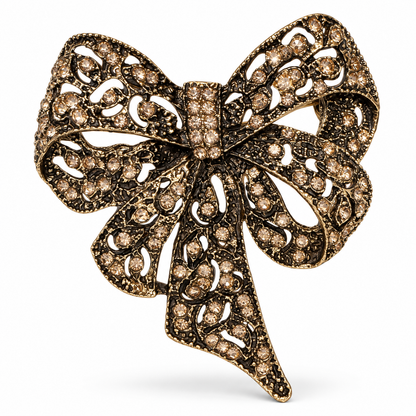 Eternal Bond Champagne Zircon Bow Vintage Brass Statement Brooch