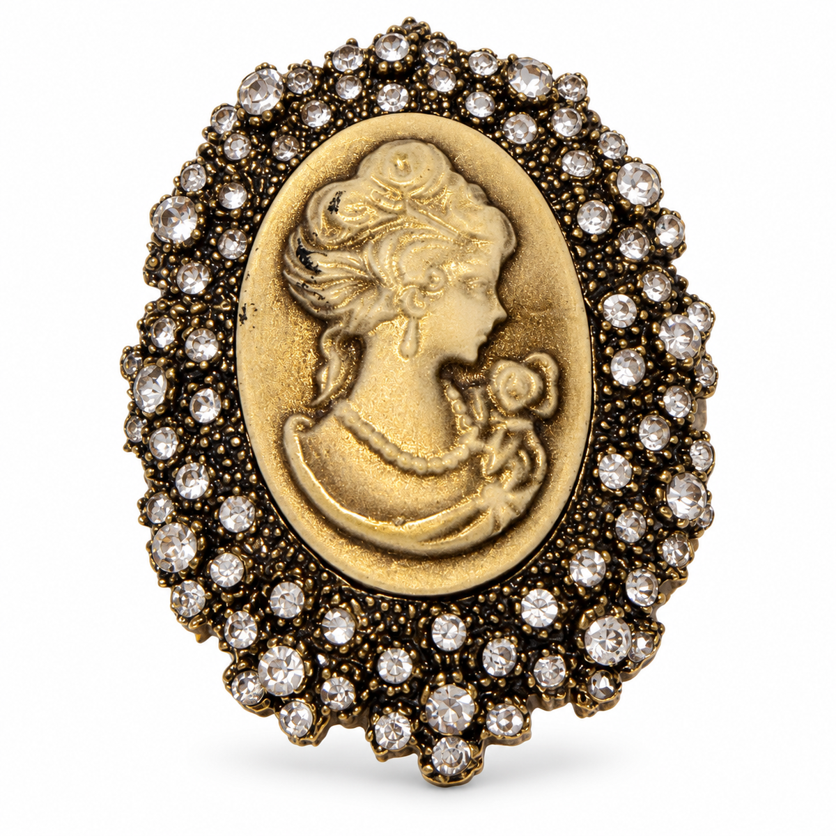 Regal Muse Ceramic-Effect Cameo Crystal Vintage Brass Statement Brooch