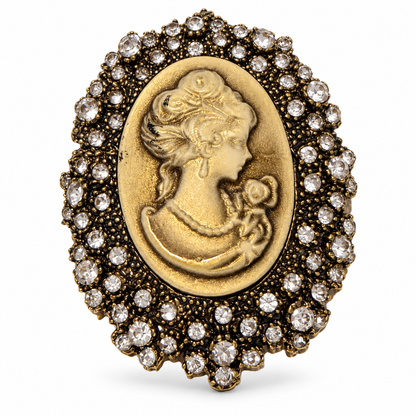 Regal Muse Ceramic-Effect Cameo Crystal Vintage Brass Statement Brooch