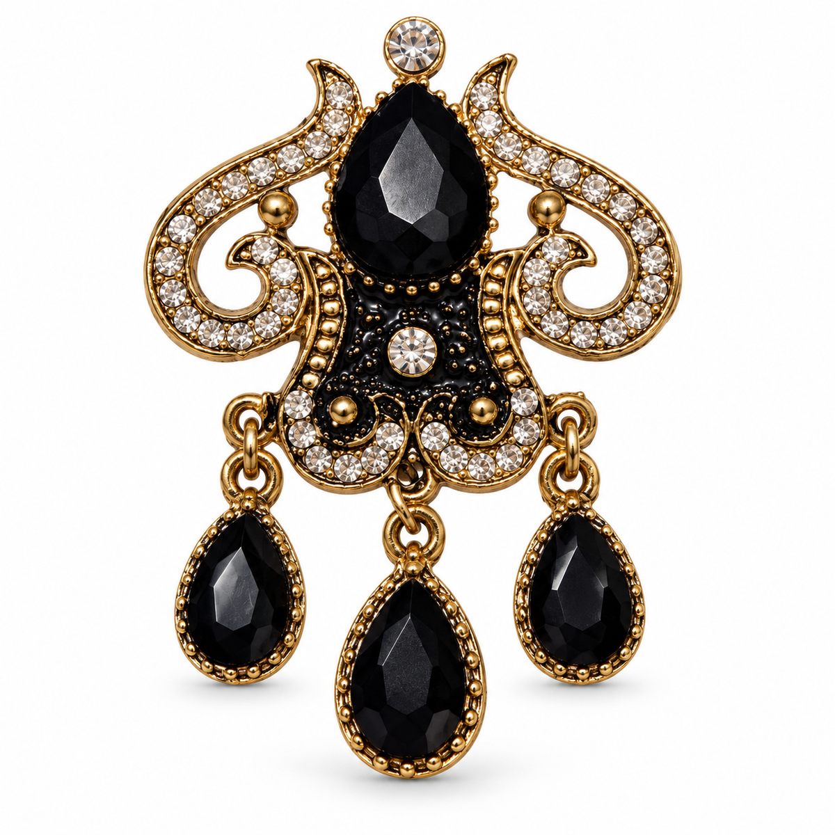 Midnight Guardian Black Onyx & Zircon Vintage Brass Gothic Statement Brooch