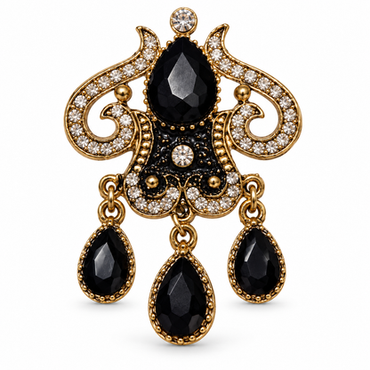 Midnight Guardian Black Onyx & Zircon Vintage Brass Gothic Statement Brooch