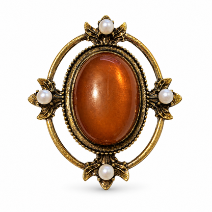 Autumn Serenity Agate-Effect & Pearl Vintage Brass Statement Brooch