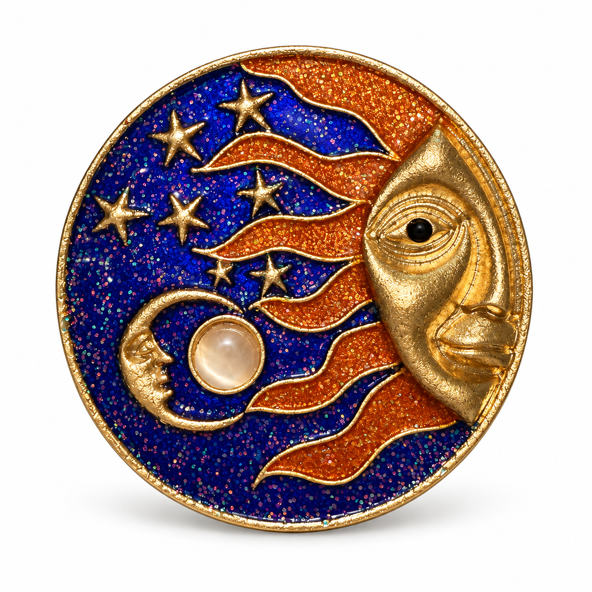 Celestial Balance Sun & Moon Pearl Enamel Vintage Brass Statement Brooch
