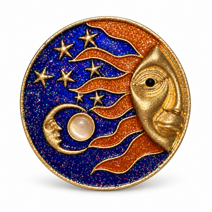 Celestial Balance Sun & Moon Pearl Enamel Vintage Brass Statement Brooch