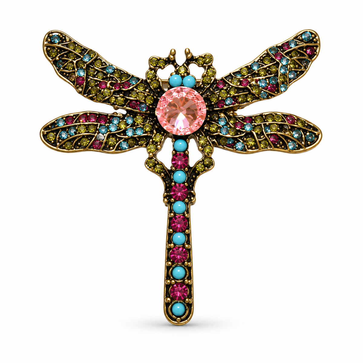 Transformation Spirit Multicolour Crystal Dragonfly Vintage Brass Statement Brooch