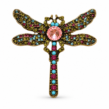 Transformation Spirit Multicolour Crystal Dragonfly Vintage Brass Statement Brooch