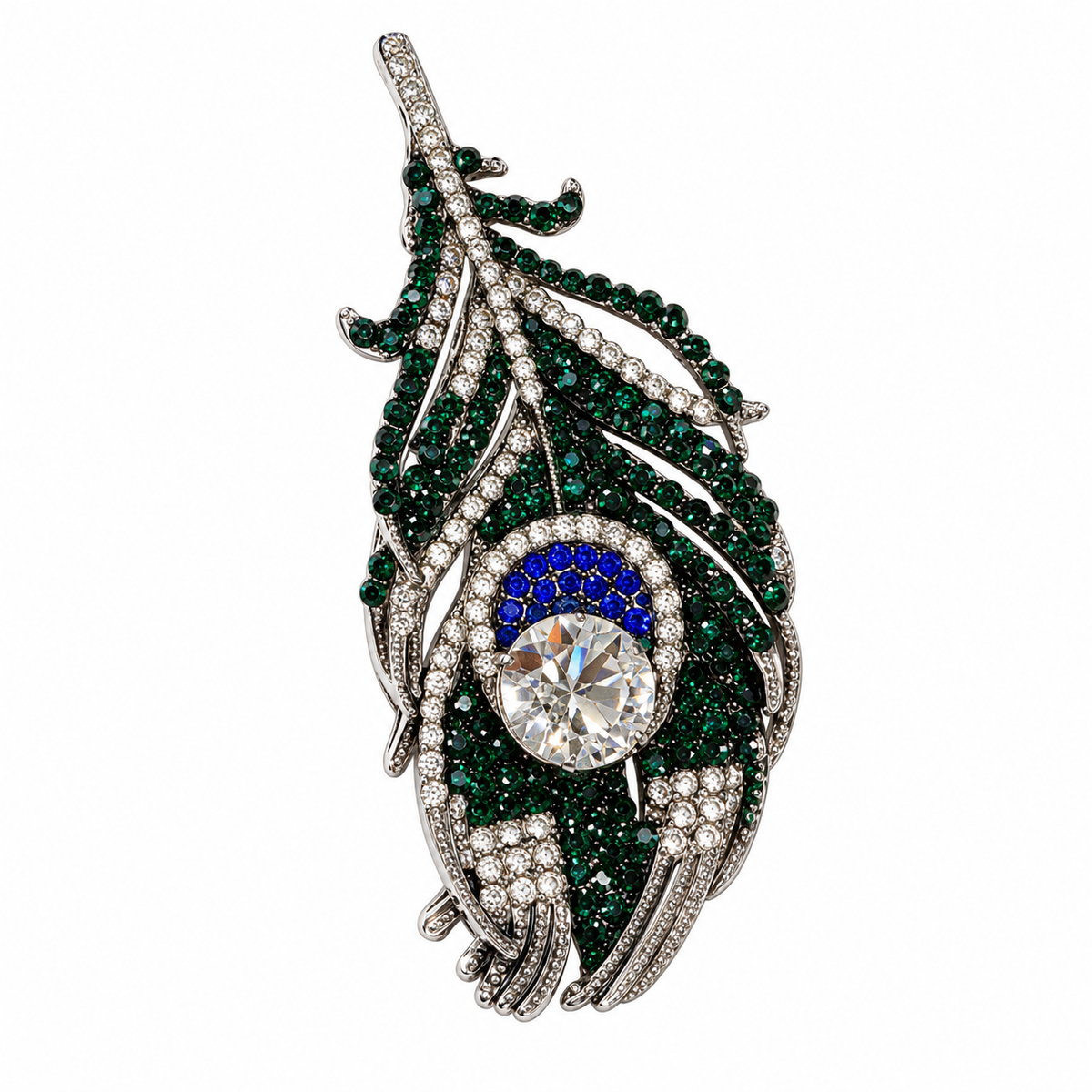 Emerald Vision Sapphire Blue Crystal Peacock Feather Silver-Tone Statement Brooch