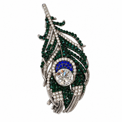 Emerald Vision Sapphire Blue Crystal Peacock Feather Silver-Tone Statement Brooch