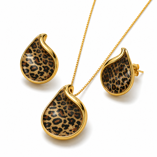 Savanna Leopard Enamel Gold Plated Necklaces & Stud Earrings set