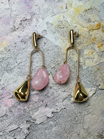 Modern Summer Gold Plated and  Pink Marble Drop Earrings
