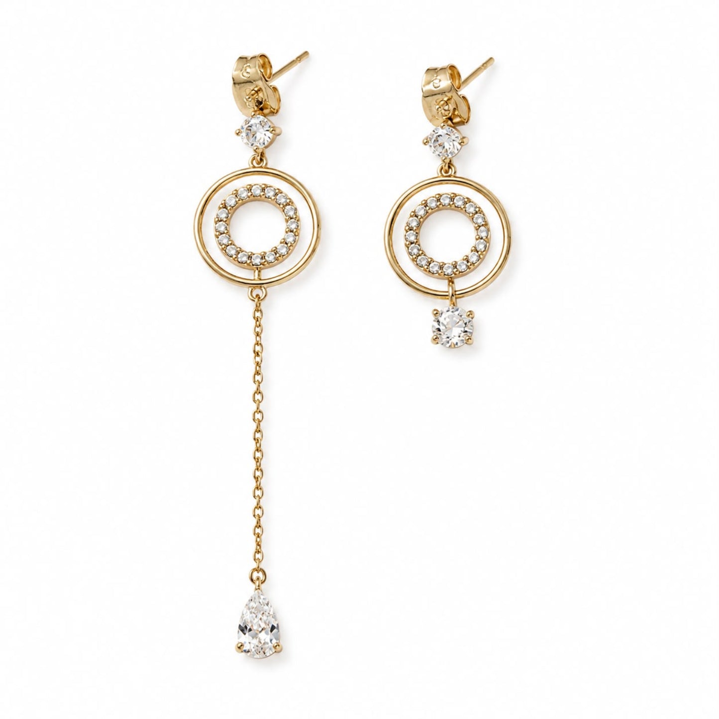 A pair of gold dangle earrings with circular crystal-studded rings, a short chain, and a teardrop-shaped clear crystal pendant, shown on a plain white background.