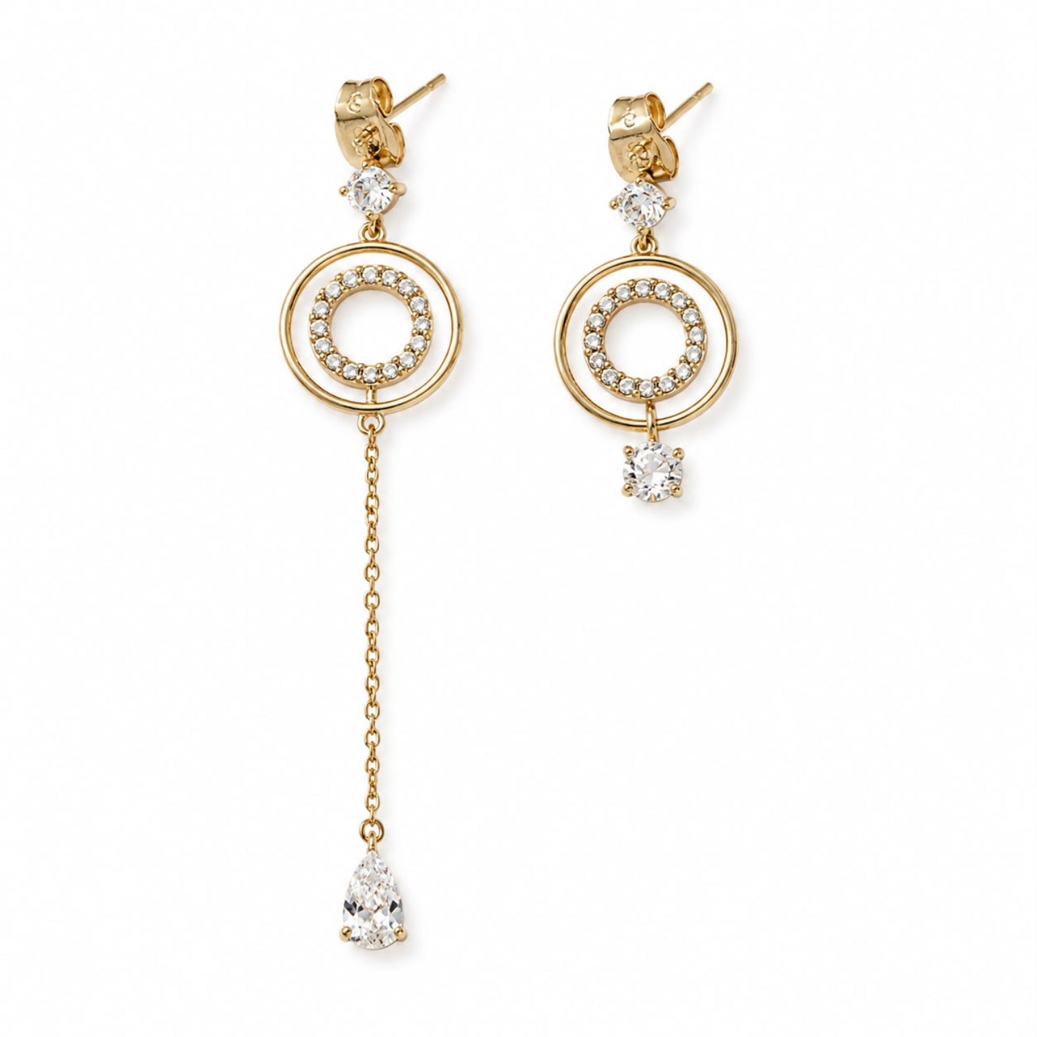 A pair of gold dangle earrings with circular crystal-studded rings, a short chain, and a teardrop-shaped clear crystal pendant, shown on a plain white background.
